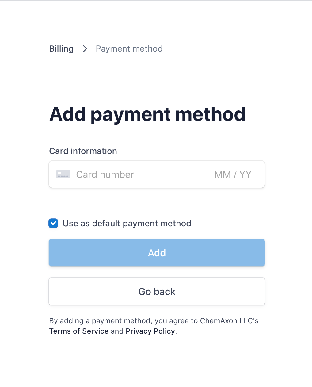 Chemicalize add new card as payment method
