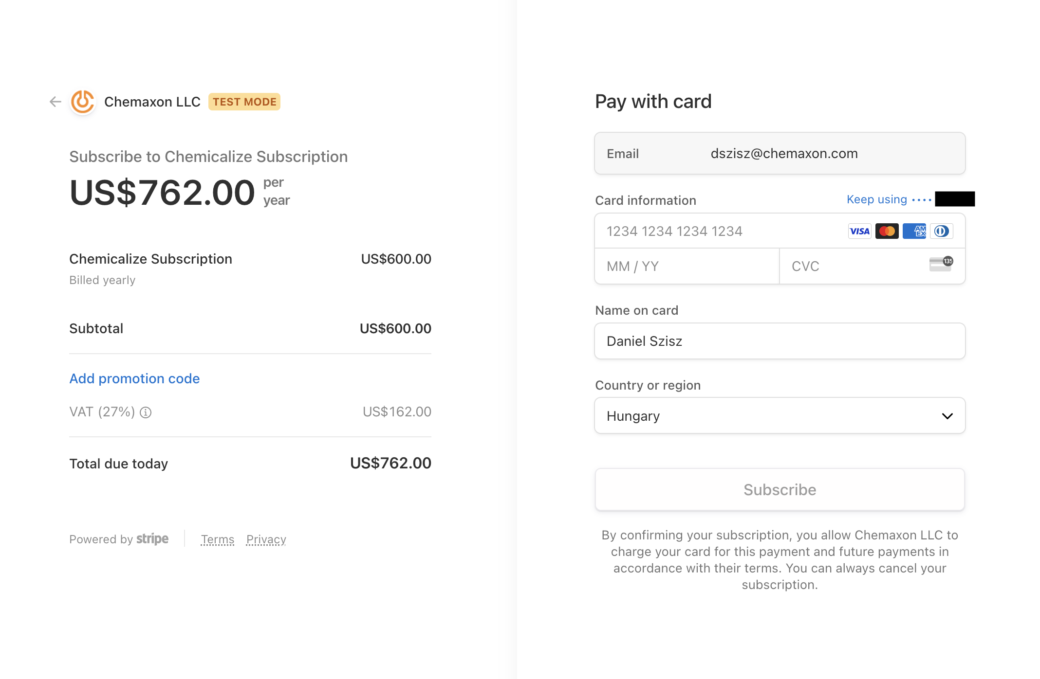 Chemicalize Stripe Payment page