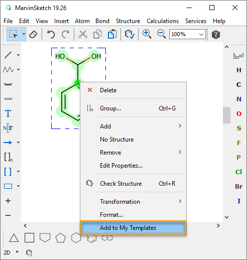 Adding a structure to the toolbar through the context menu