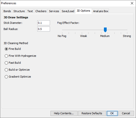 The 3D options tab of the preferences dialog