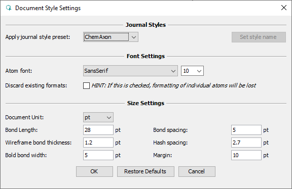 The document style settings dialog
