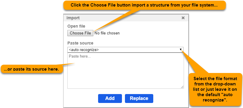 Parts of the import dialog