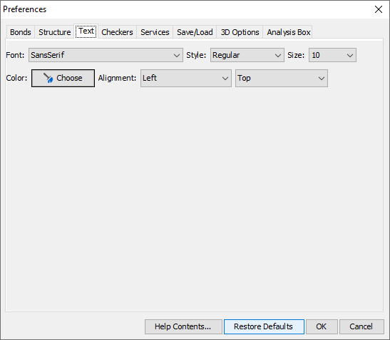The text tab of the preferences dialog