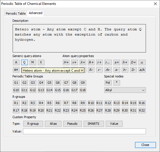 The advanced tab of the periodic table of elements dialog