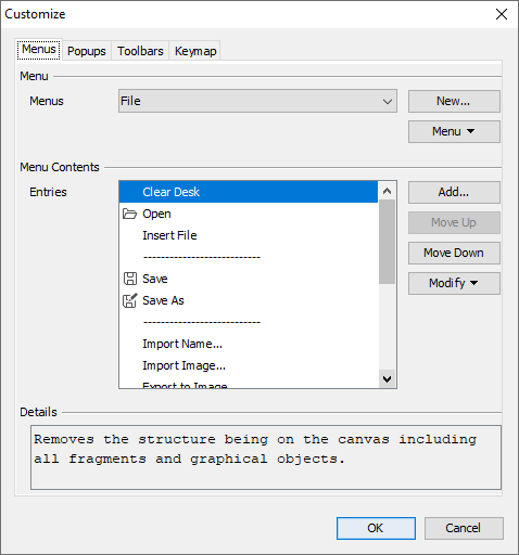 The customize dialog of MarvinSketch