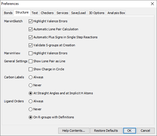 The structure tab of the preferences dialog