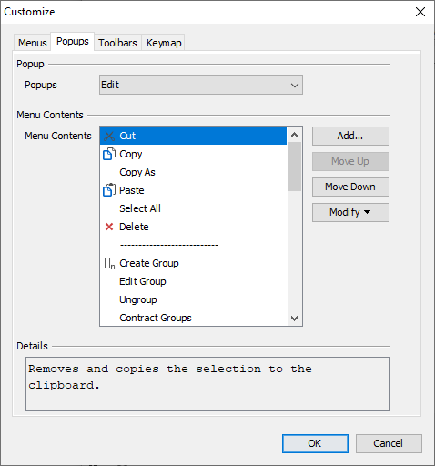 The popups tab of the customize dialog