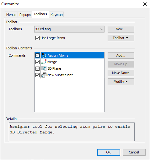 The toolbars tab of the customize dialog
