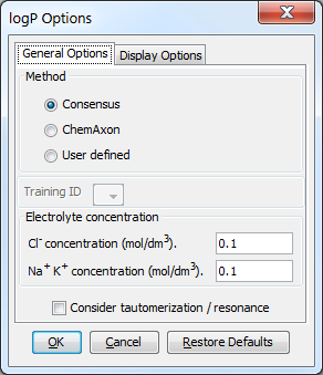 logP General Options window