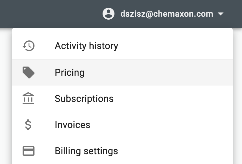 Chemicalize profile menu Pricing